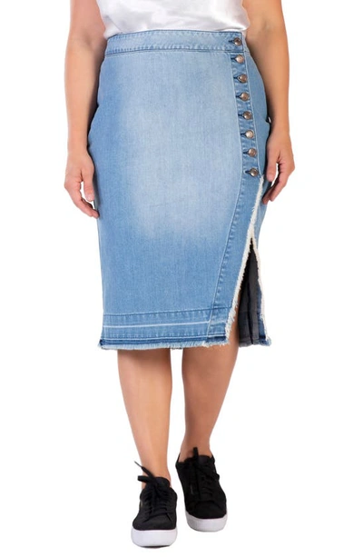 Shop S And P Standards & Practices Frayed Slit Hem Denim Skirt In Sublime Blue