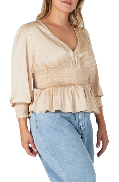S And P Smocked Peplum Satin Top In Champagne