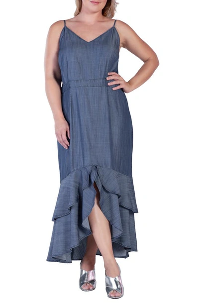 Standards & Practices Tiered Ruffle Chambray Maxi Dress In Indigo Rinse