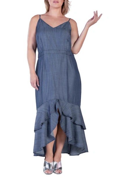 Standards & Practices Tiered Ruffle Chambray Maxi Dress In Indigo Rinse