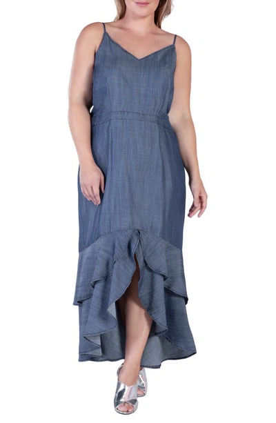 Standards & Practices Tiered Ruffle Chambray Maxi Dress In Indigo Rinse