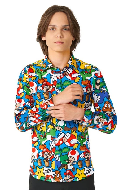 Opposuits Big Kid Boys Spread Collar Long Sleeve Super Mario Dress Shirt In Blue