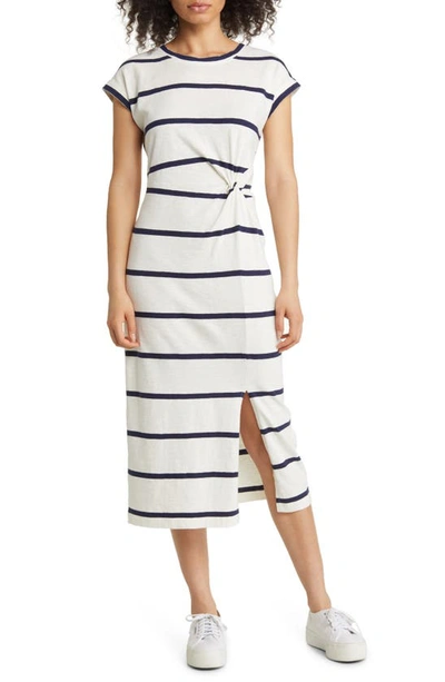 Shop Caslon Twist Waist Organic Cotton Midi T-shirt Dress In Ivory- Navy Peacoat Stripe