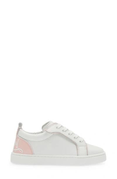 Shop Christian Louboutin Kids' Funnyto Calfskin Leather Sneaker In Bianco/ Rosy