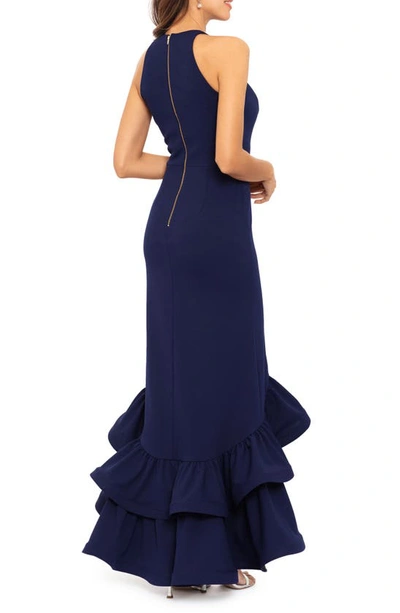 Betsy & Adam Ruffle Halter Crepe Gown In Night Blue