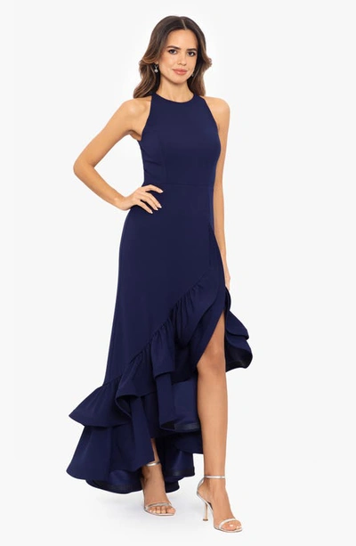 Betsy & Adam Ruffle Halter Crepe Gown In Night Blue