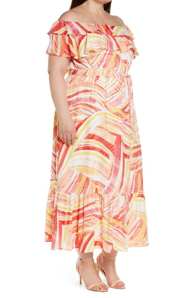 Shop Donna Morgan For Maggy Mix Stripe Off The Shoulder Maxi Dress In Soft White/ Coral