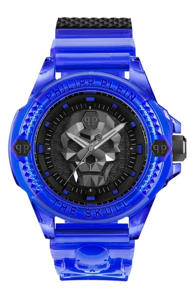 Shop Philipp Plein The Skull Plastic Strap Watch, 44mm In Transparent Blue