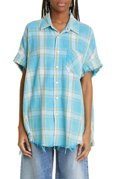 R13 Short Sleeve Boxy Button-up Shirt In Light Blue Plaid In Lt Blue Plaid