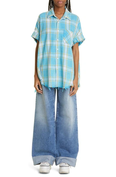 R13 Short Sleeve Boxy Button-up Shirt In Light Blue Plaid In Lt Blue Plaid