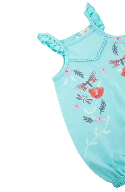 Shop Peek Aren't You Curious Dragonfly Embroidered Ruffle Shoulder Cotton Romper In Aqua