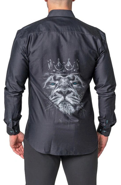 Maceoo Fibonacci Lion Crown Regular Fit Cotton Blend Button-up Shirt In Black