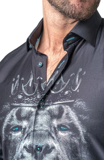 Maceoo Fibonacci Lion Crown Regular Fit Cotton Blend Button-up Shirt In Black