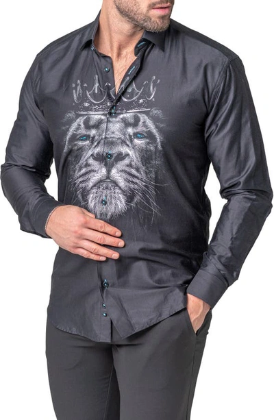 Shop Maceoo Fibonacci Lion Crown Regular Fit Cotton Blend Button-up Shirt In Black