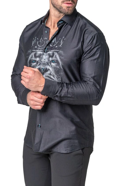 Maceoo Fibonacci Lion Crown Regular Fit Cotton Blend Button-up Shirt In Black