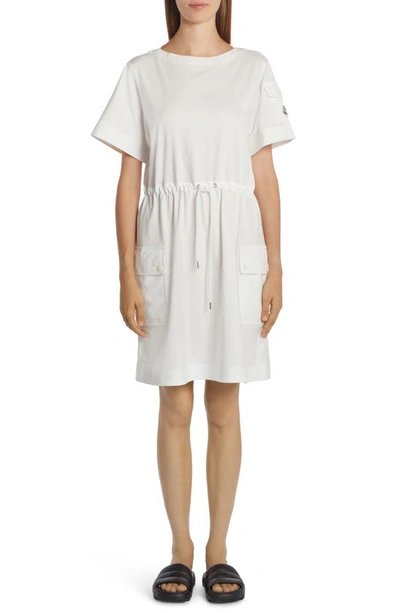 Shop Moncler Drawstring Waist Cotton Jersey Dress In White