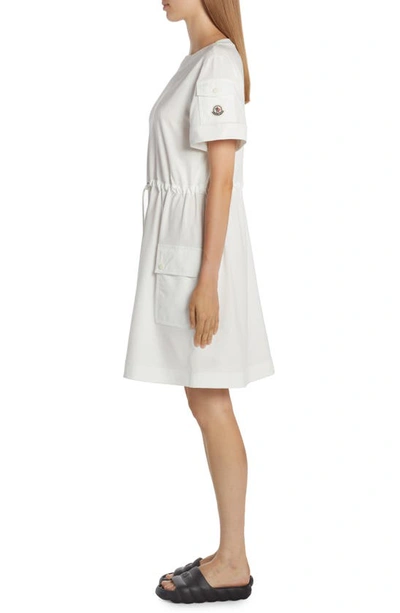 Shop Moncler Drawstring Waist Cotton Jersey Dress In White