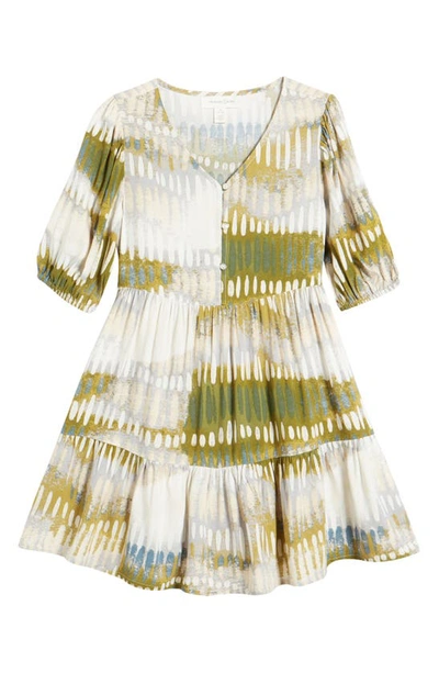 Shop Treasure & Bond Kids' Abstract Print Drop Waist Tiered Dress In Beige Shifting Stripe Sketch
