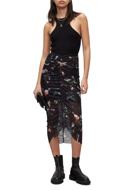 Shop Allsaints Tessia Fabia Ruched Midi Skirt In Black/ Pink