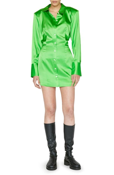 Shop Frame Strong Shoulder Long Sleeve Stretch Silk Minidress In Bright Peridot