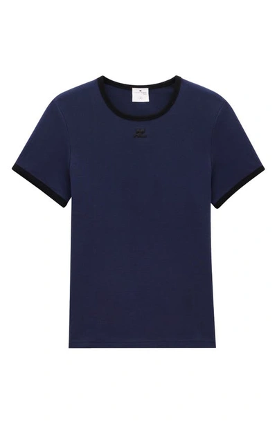 Shop Courrèges Bumpy Embroidered Logo Ringer T-shirt In B033 Navy/ Black