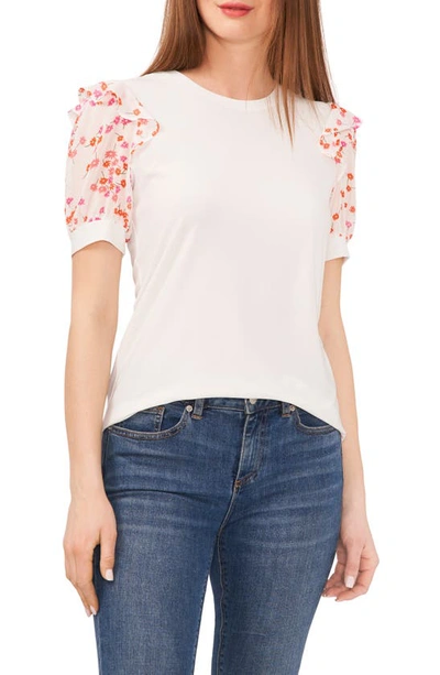 Shop Cece Scattered Ditsy Puff Sleeve Mixed Media Top In New Ivory