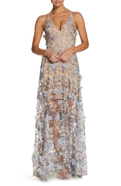 Dress The Population Sidney Deep V-neck 3d Lace Gown In Minrl Blue Flrl