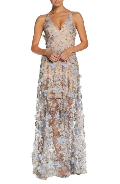 Shop Dress The Population Sidney Deep V-neck 3d Lace Gown In Minrl Blue Flrl
