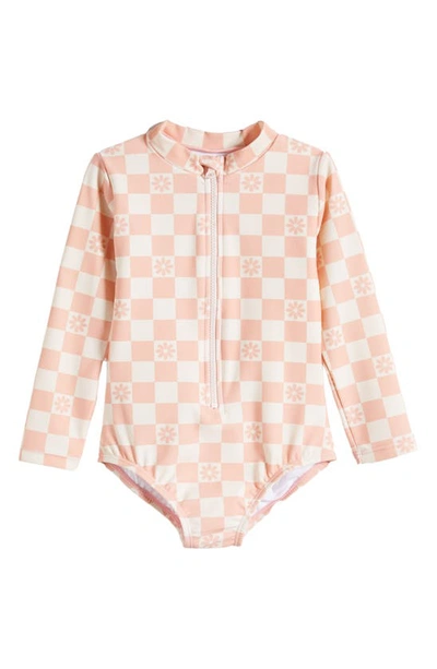 Tiny Tribe Daisy Check Long Sleeve One-piece Rashguard Swimsuit In Blush