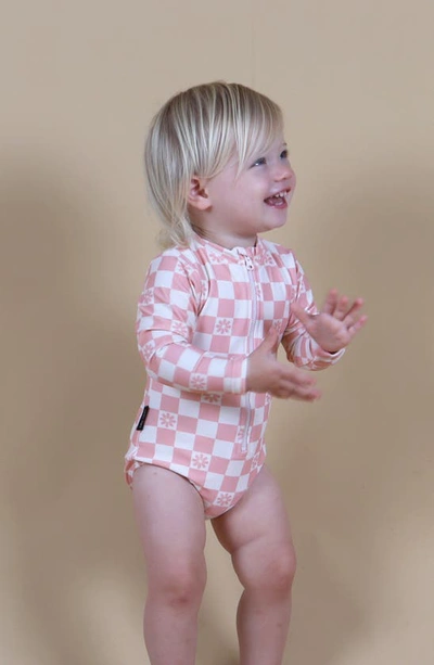 Tiny Tribe Daisy Check Long Sleeve One-piece Rashguard Swimsuit In Blush