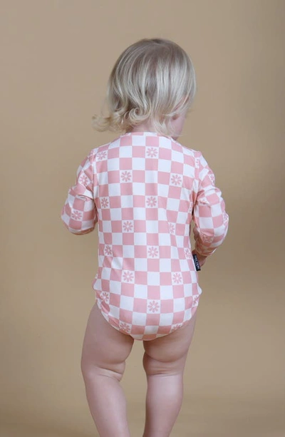 Tiny Tribe Daisy Check Long Sleeve One-piece Rashguard Swimsuit In Blush