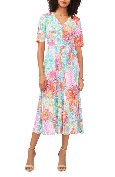 Shop Chaus V-neck Tie Waist Midi Dress In Aqua/ Pink/ Multi