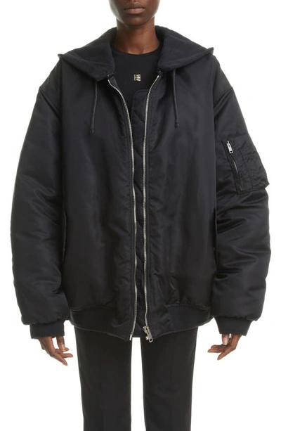 Shop Givenchy Oversize Mixed Media Hooded Bomber Jacket In Black