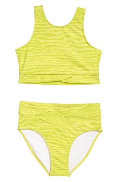 Shop Zella Girl Kids' Print Crossover Two-piece Swimsuit In Lemon Lime Radio Stripe