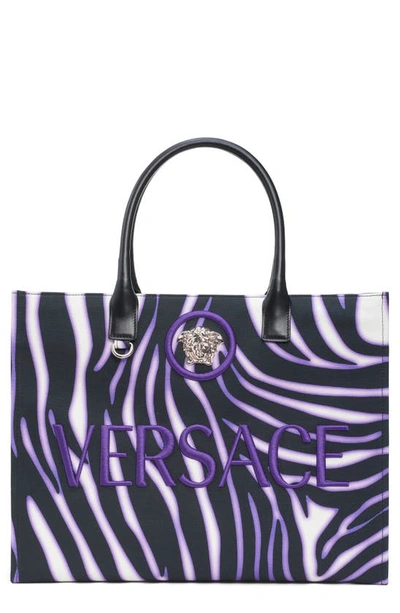 Shop Versace La Medusa Zebra Print Canvas Tote In White Dark Orchid Black-pall