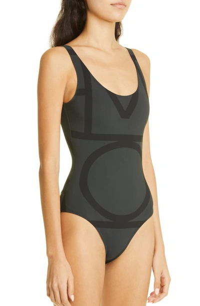 Shop Totême Logo One-piece Swimsuit In Black Monogram