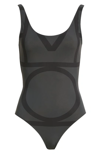 Shop Totême Logo One-piece Swimsuit In Black Monogram