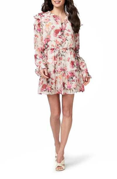 Shop Paige Garcelle Floral Ruffle Long Sleeve Silk Dress In Antique White