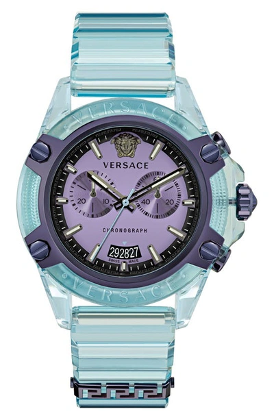 Shop Versace Icon Active Chronograph Silicone Strap Watch, 44mm In Transparent Blue