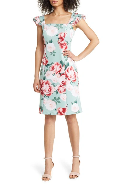 Shop Donna Ricco Floral Ruffle Sleeve Sheath Dress In Mint Multi