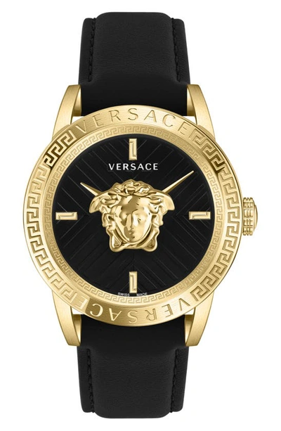 Shop Versace V-code Leather Strap Watch, 43mm In Ip Yellow Gold