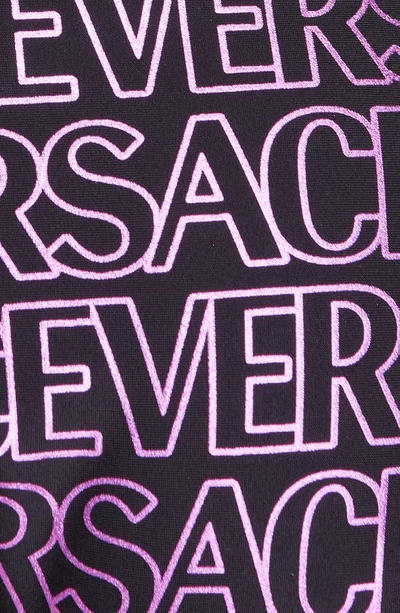 Shop Versace Metallic Logo Print Triangle Bikini Top In Black Tropical Pink