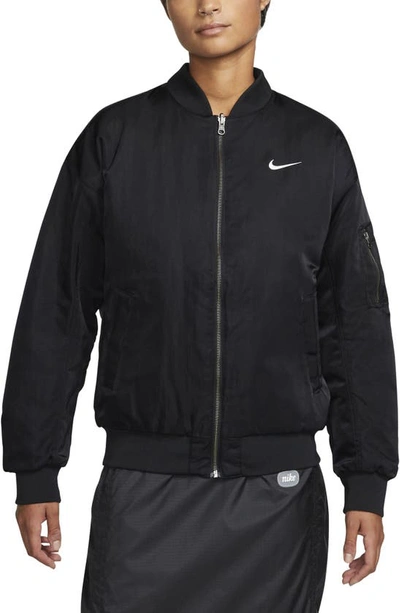 Shop Nike Sportswear Reversible Varsity Quilted Bomber Jacket In Black/ Black/ White