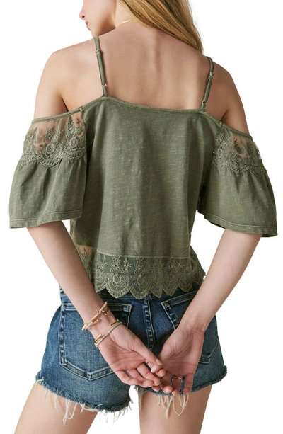 Shop Lucky Brand Embroidered Lace Cold Shoulder Top In Dusty Olive