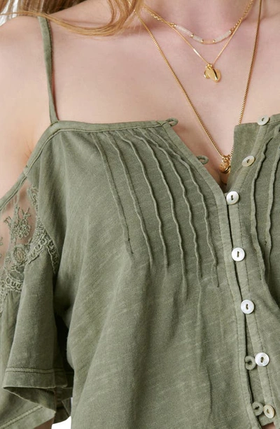 Shop Lucky Brand Embroidered Lace Cold Shoulder Top In Dusty Olive