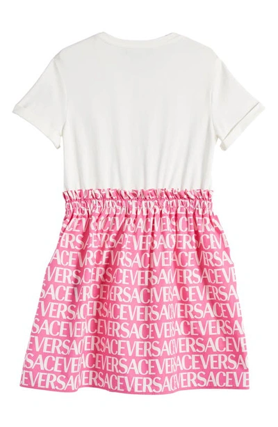 Shop Versace Kids' Logo Print Cotton Dress In Bianco Rosa Crystal