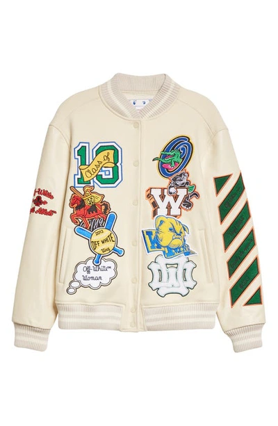 Shop Off-white Embroidered Slogan Patch Wool Blend Varsity Jacket In White Multicolor