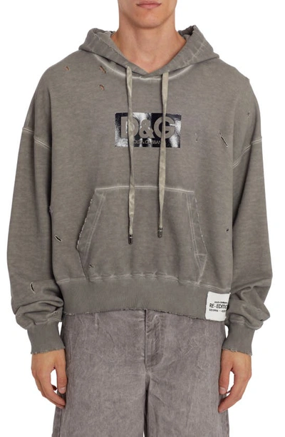 Shop Dolce & Gabbana Destroyed Logo Cotton Hoodie In Light Grey