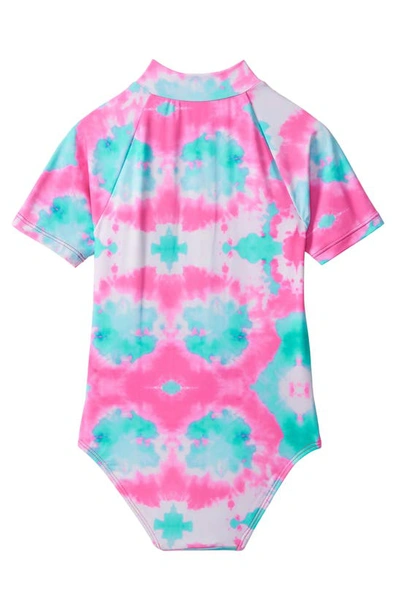 Shop Hatley Kids' Sea Creatures Short Sleeve One-piece Rashguard Swimsuit In Blue/ Pink