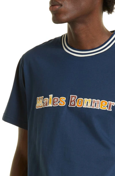 Shop Wales Bonner Logo Embroidered Organic Cotton T-shirt In Navy